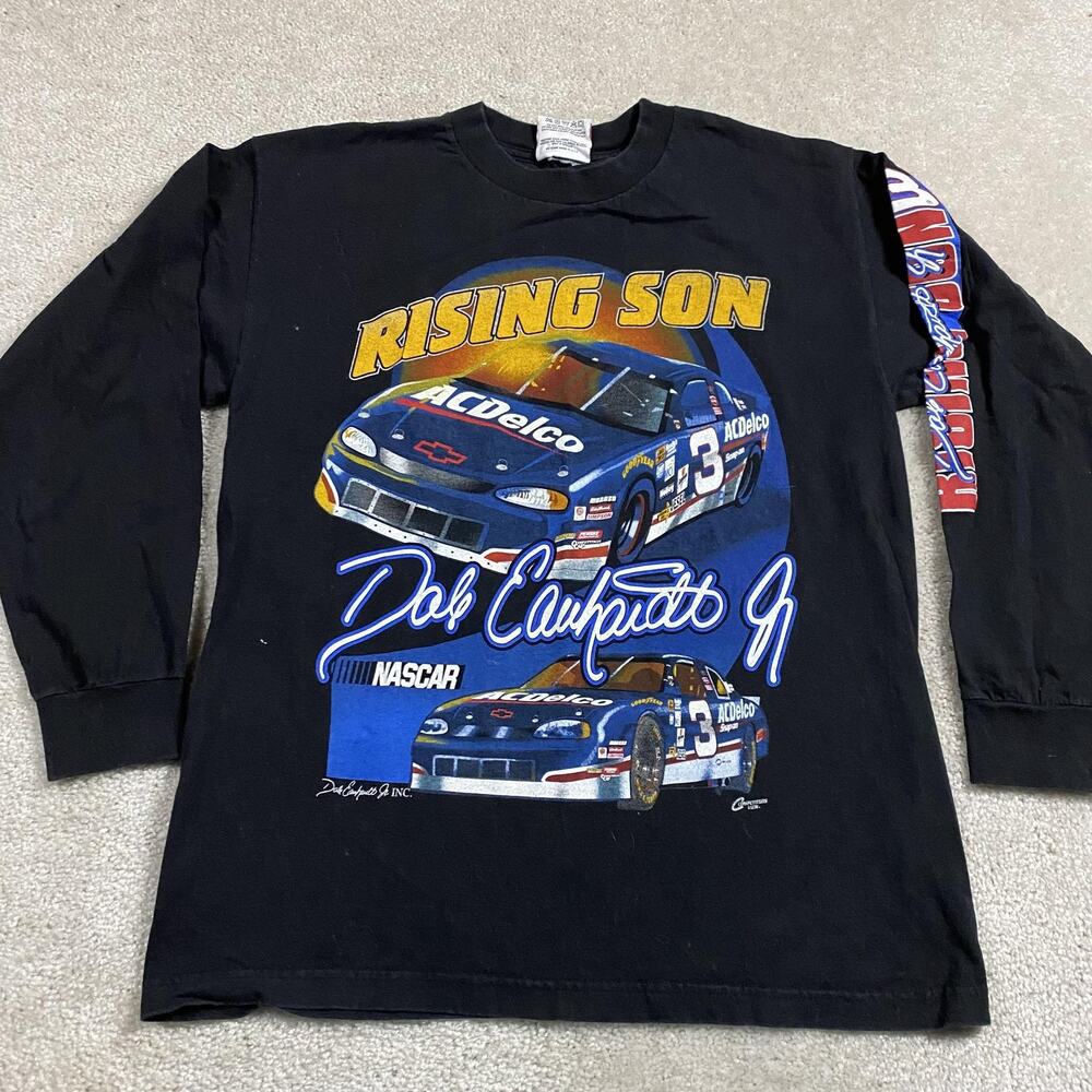 VTG Dale Earnhardt Jr Long Sleeve Shirt Mens L Black NASCAR Racing Rising Son